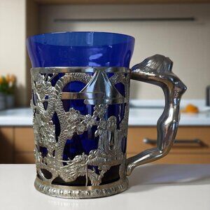 Vintage Blue Glass & Silver Metal Cutout Stein Mug Asian Dragon & Pagoda Design